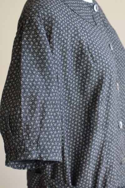 1920s French Black Patterned Cotton Work Dress