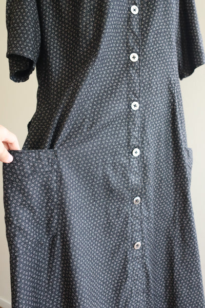 1920s French Black Patterned Cotton Work Dress