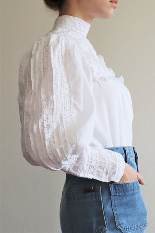 80s Frill Lace Leg-Of-Mutton Sleeve Cotton Blouse