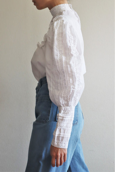80s Frill Lace Leg-Of-Mutton Sleeve Cotton Blouse