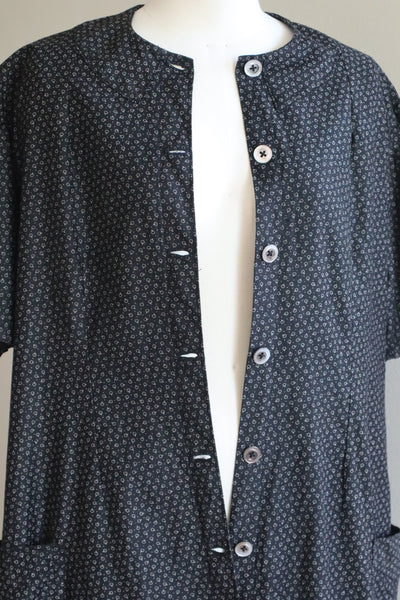 1920s French Black Patterned Cotton Work Dress