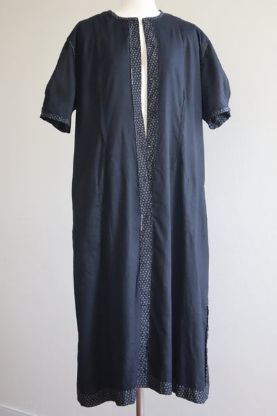 1920s French Black Patterned Cotton Work Dress