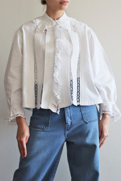 1900s Bobbin Lace Frill Collar White Cotton Blouse