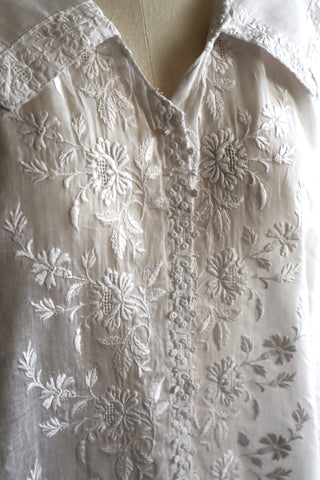 1910s Muslin Cotton Hand Embroidered Floral Blouse