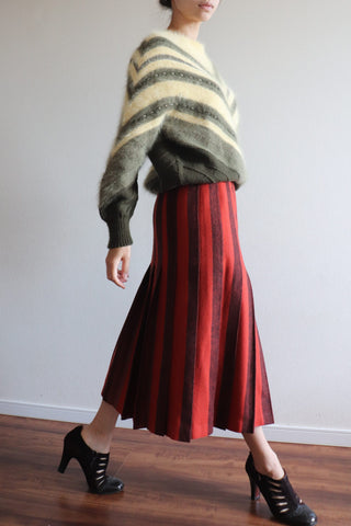 70s Pure New Wool Pleated Striped Midi Skirt By Laird Portch Of Scotland