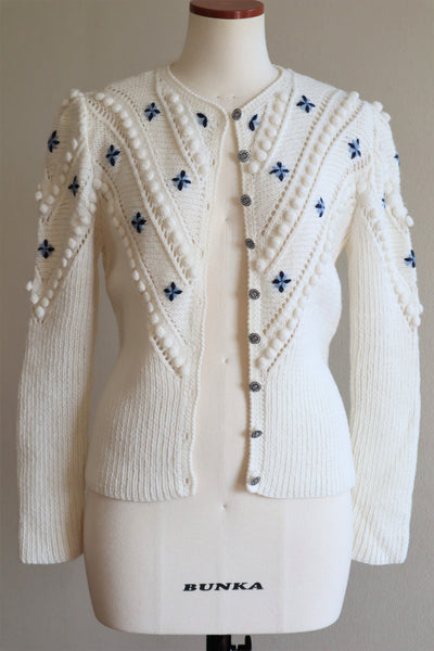 70s Embroidered Flowers Austrian White Hand Knit Cardigan