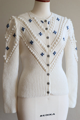 70s Embroidered Flowers Austrian White Hand Knit Cardigan