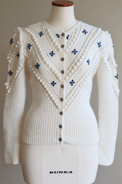 70s Embroidered Flowers Austrian White Hand Knit Cardigan