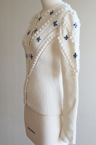 70s Embroidered Flowers Austrian White Hand Knit Cardigan