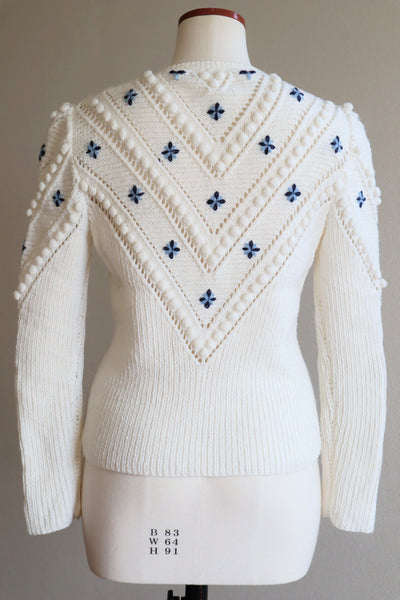 70s Embroidered Flowers Austrian White Hand Knit Cardigan