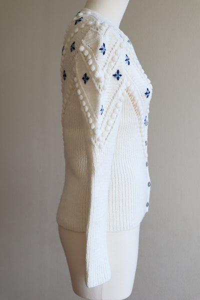 70s Embroidered Flowers Austrian White Hand Knit Cardigan