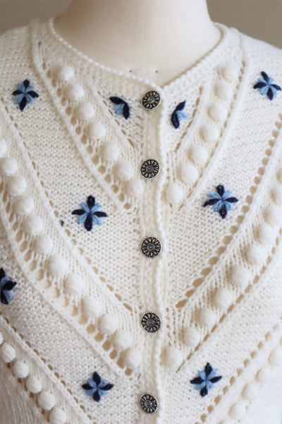 70s Embroidered Flowers Austrian White Hand Knit Cardigan