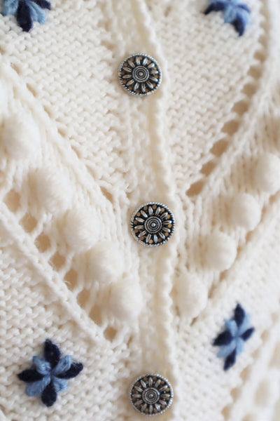 70s Embroidered Flowers Austrian White Hand Knit Cardigan