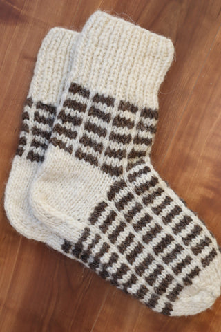 Hand Knit High-Quality Sheep Wool White×Brown Socks Size24~25.5