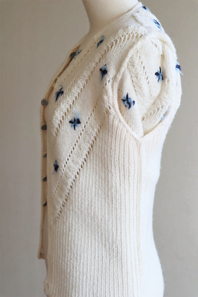 70s Embroidered Flowers Austrian White Hand Knit Cardigan