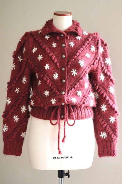 80s Hand Knit Wine Red Mohair Cardigan