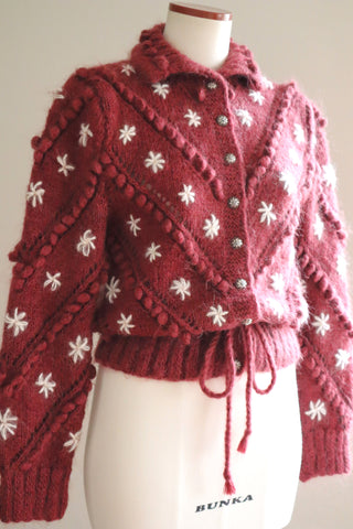 80s Hand Knit Wine Red Mohair Cardigan