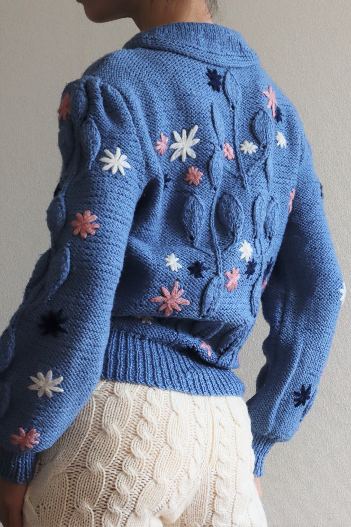 80s Dull Light Blue Hand Knitted Cardigan