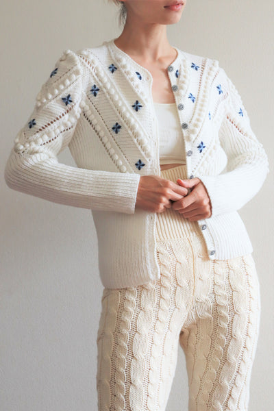 70s Embroidered Flowers Austrian White Hand Knit Cardigan