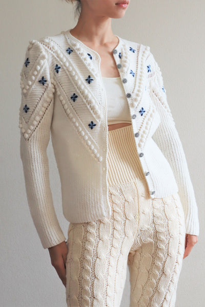 70s Embroidered Flowers Austrian White Hand Knit Cardigan