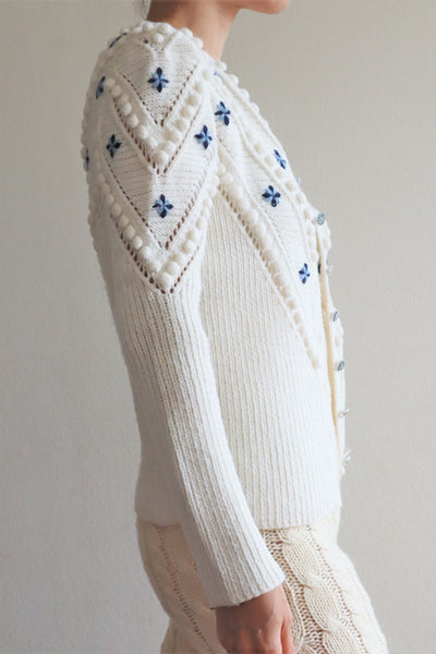 70s Embroidered Flowers Austrian White Hand Knit Cardigan