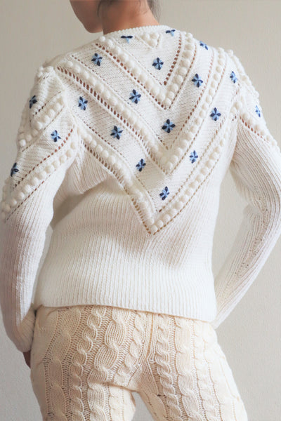 70s Embroidered Flowers Austrian White Hand Knit Cardigan