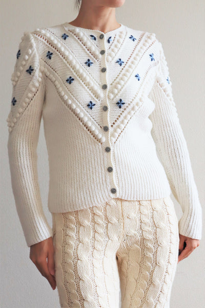 70s Embroidered Flowers Austrian White Hand Knit Cardigan