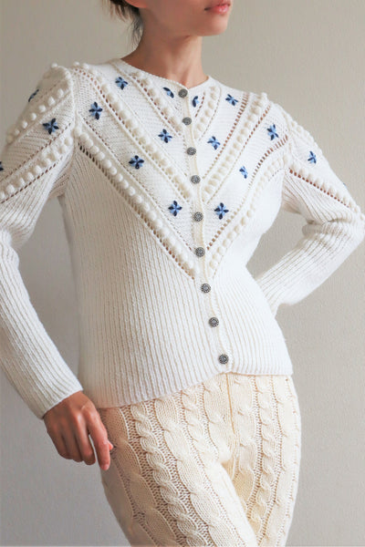 70s Embroidered Flowers Austrian White Hand Knit Cardigan