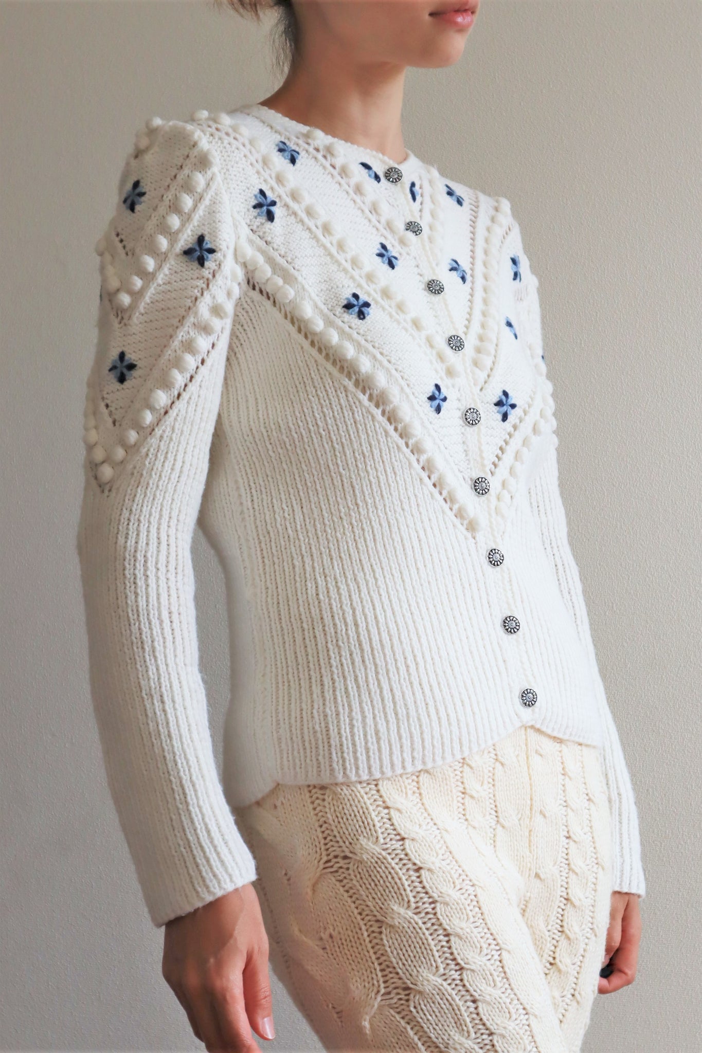 70s Embroidered Flowers Austrian White Hand Knit Cardigan