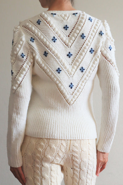 70s Embroidered Flowers Austrian White Hand Knit Cardigan