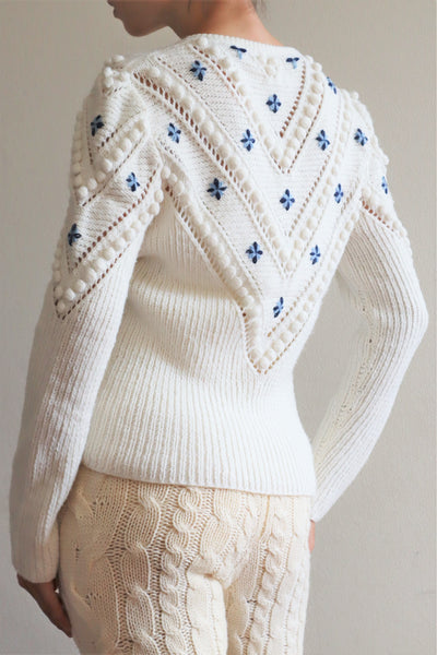 70s Embroidered Flowers Austrian White Hand Knit Cardigan