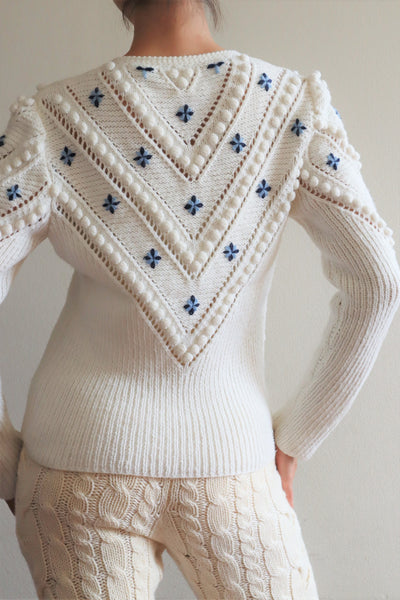 70s Embroidered Flowers Austrian White Hand Knit Cardigan