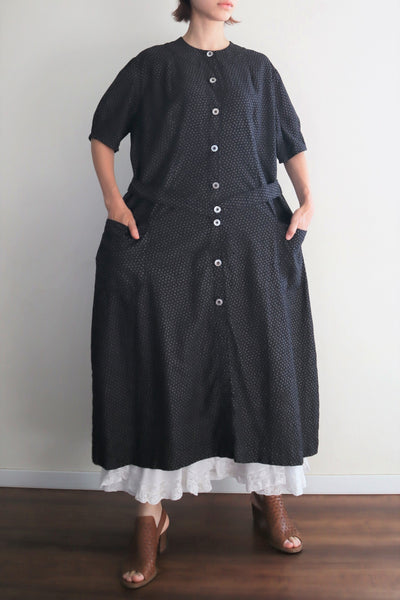 1920s French Black Patterned Cotton Work Dress