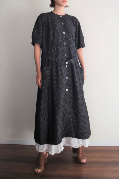 1920s French Black Patterned Cotton Work Dress