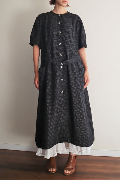 1920s French Black Patterned Cotton Work Dress
