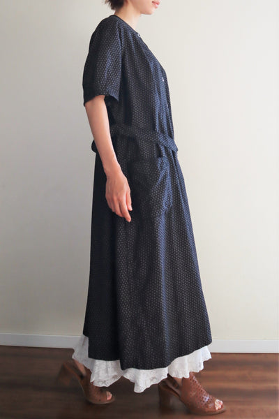 1920s French Black Patterned Cotton Work Dress