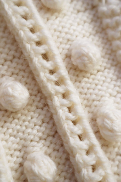 80s Austrian Hand Knit Pon Pon Chunky Wool Cardigan White
