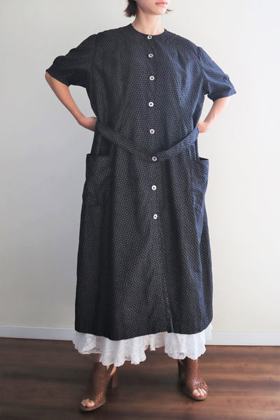1920s French Black Patterned Cotton Work Dress