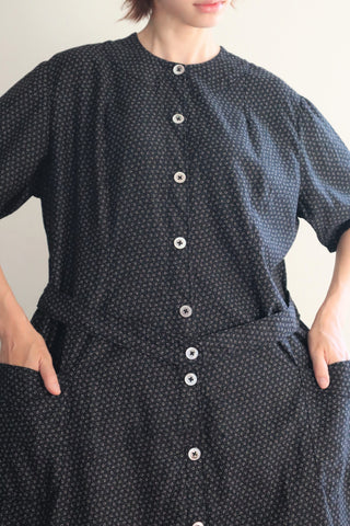 1920s French Black Patterned Cotton Work Dress