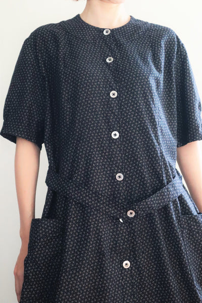 1920s French Black Patterned Cotton Work Dress
