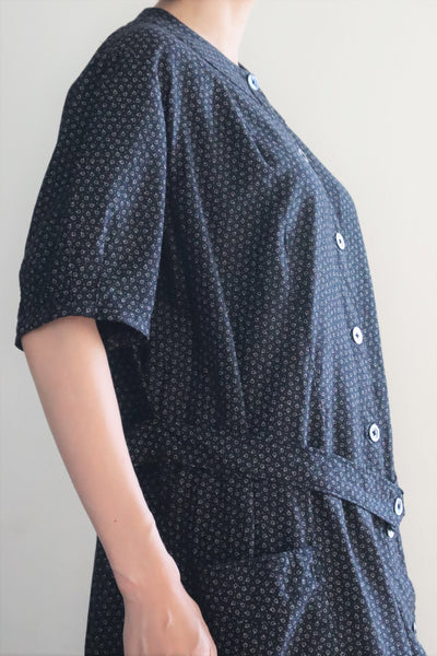 1920s French Black Patterned Cotton Work Dress