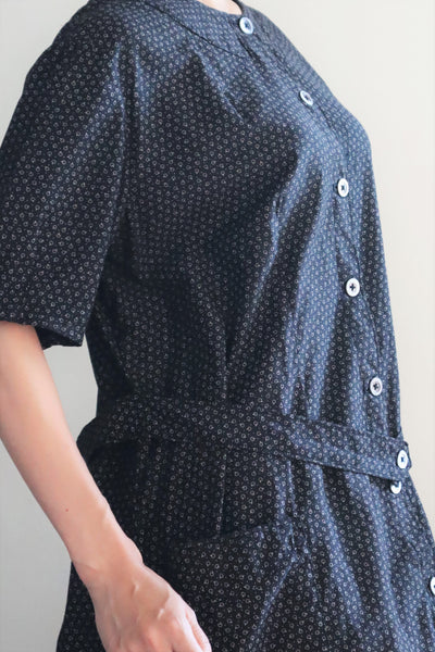 1920s French Black Patterned Cotton Work Dress