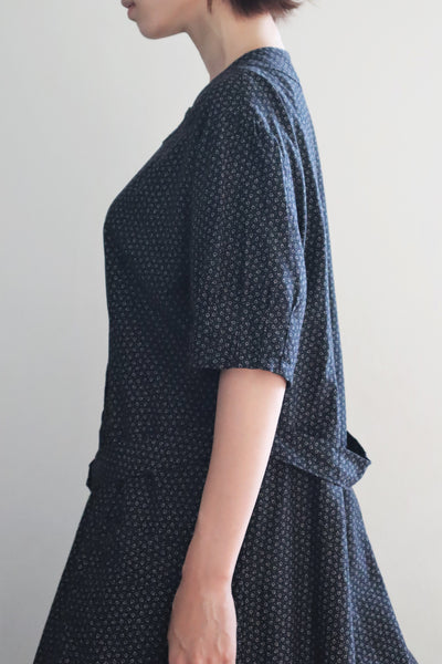 1920s French Black Patterned Cotton Work Dress