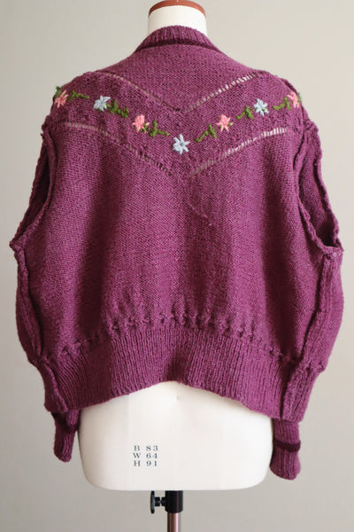 80s Austrian Hand Knit Pon Pon Wool Cardigan Flower Embroidered