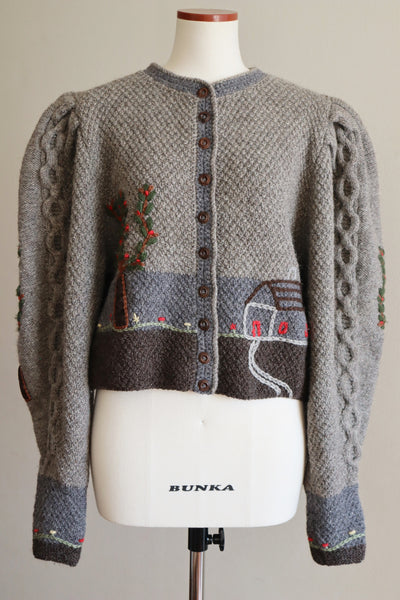 80s Austrian Hand knit Cardigan Embroidery Of Flowers, Trees And Homes Gray