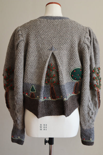 80s Austrian Hand knit Cardigan Embroidery Of Flowers, Trees And Homes Gray