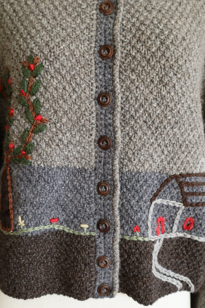 80s Austrian Hand knit Cardigan Embroidery Of Flowers, Trees And Homes Gray