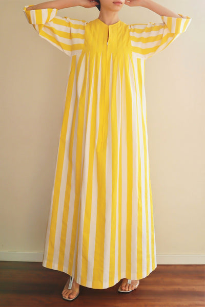 70s Yellow Stripe Cotton Long Dress