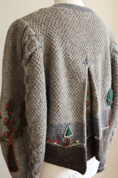 80s Austrian Hand knit Cardigan Embroidery Of Flowers, Trees And Homes Gray