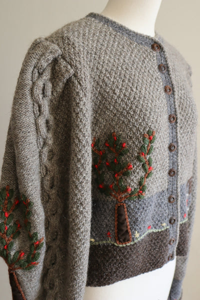 80s Austrian Hand knit Cardigan Embroidery Of Flowers, Trees And Homes Gray